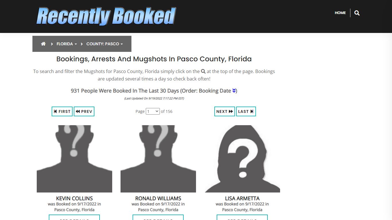 Recent bookings, Arrests, Mugshots in Pasco County, Florida